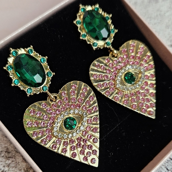 Mystical Evil Eye Glass Dangling Crystals Rhinestone Earrings Pink Green Gold - Picture 2 of 6